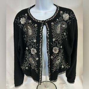 Vintage Express Tricot Lambswool Cardigan Sweater Sz Large Black Sequin …